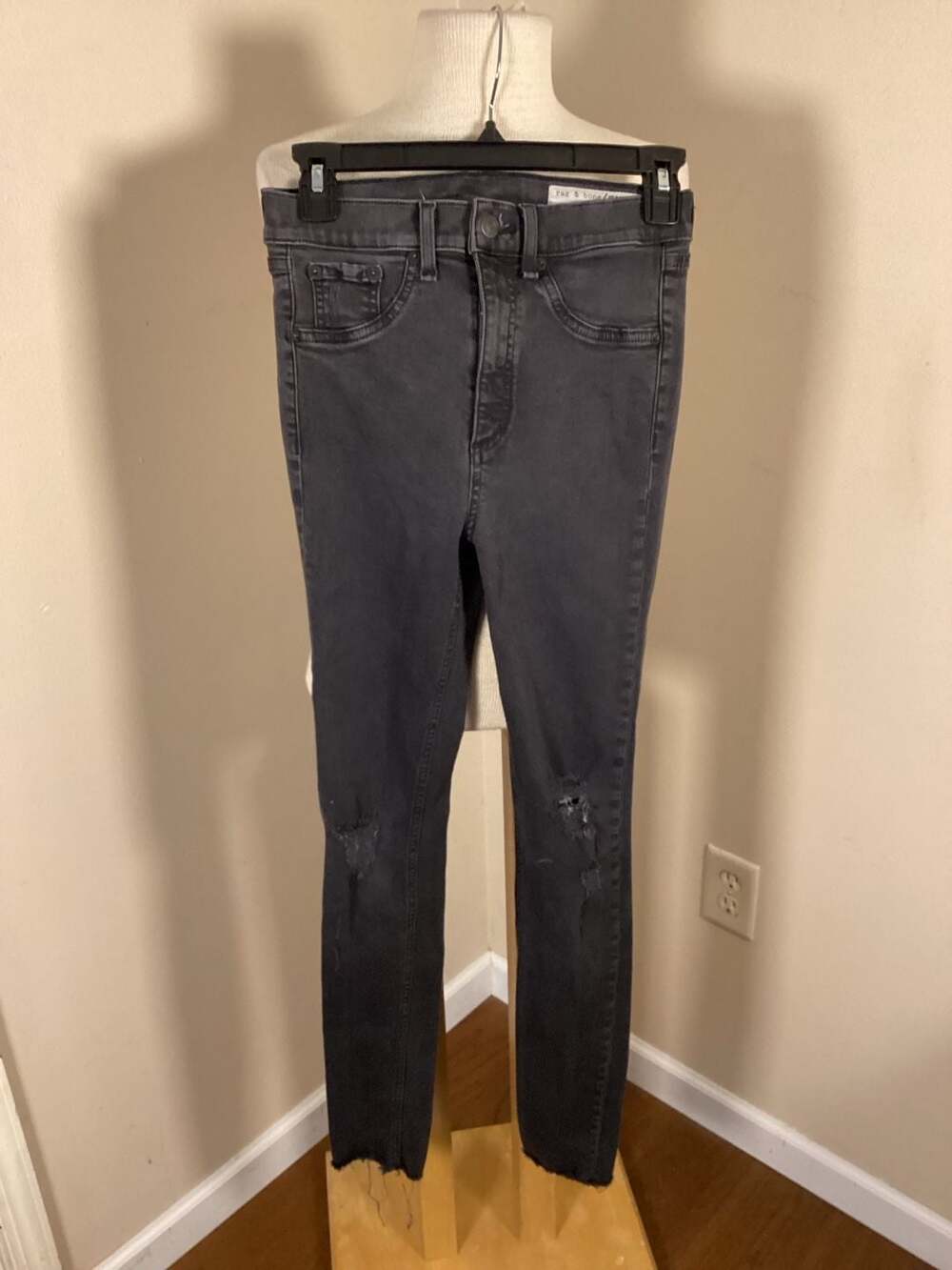 rag & bone High Rise Skinny Jeans in Night Dark Gray with Knee Rips and Raw Hem